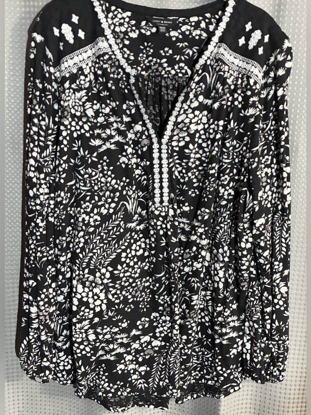 Lucky Brand Floral Embroidered Peasant Blouse Sz 2X Black/White Long Sleeve Art